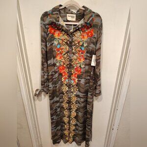 Savanna Jane NWT Embroidered Front Camouflage Maxi Shirt Dress Sz L Boho Casual